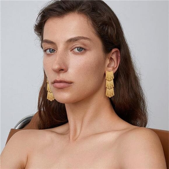 Chunky 14K Gold Plated Hammered Earrings โ Lightweight Brass Dangle Drop Earring - Picture 2 of 5